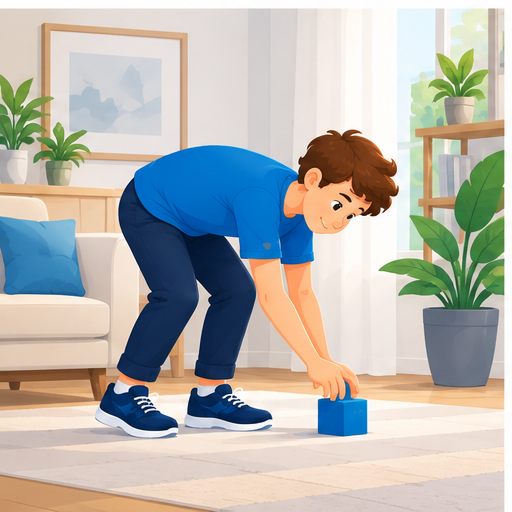 Young person bending down to pick up an object