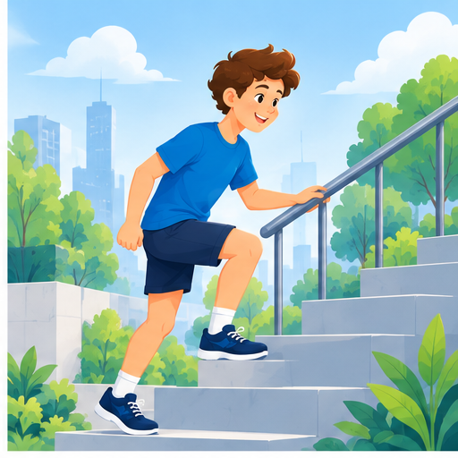 Young person climbing stairs using a handrail